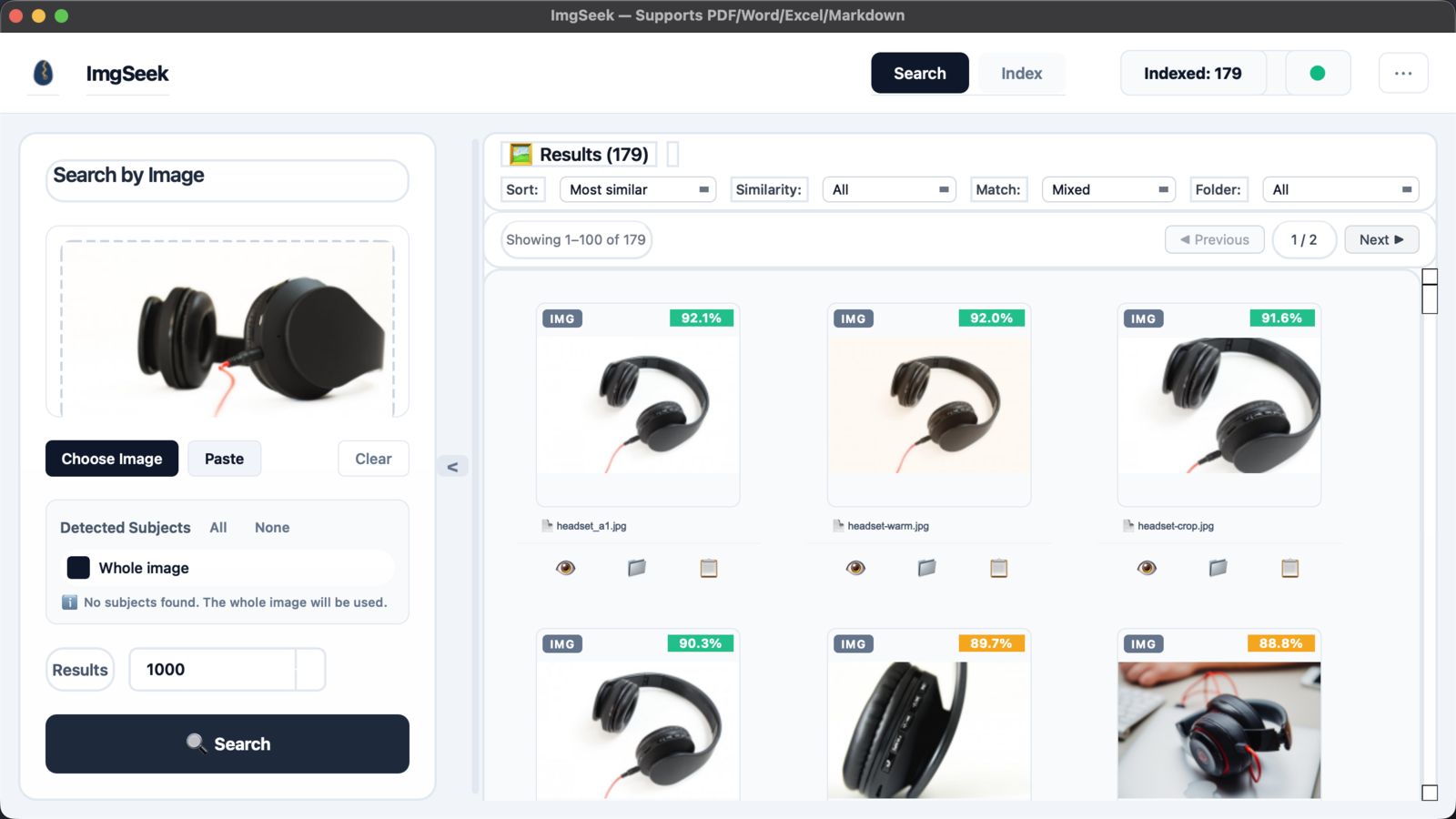 ImgSeek search screen with a side view of black headphones as the query. No subject was detected, so the whole image is used. The top three results, at 92.1% to 91.6% similarity, are a front three-quarter shot of the same headphones and a colour-edited and a cropped copy of it.